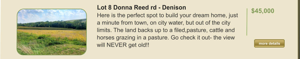 Lot 8 Donna Reed rd - Denison Here is the perfect spot to build your dream home, just a minute from town, on city water, but out of the city limits. The land backs up to a filed,pasture, cattle and horses grazing in a pasture. Go check it out- the view will NEVER get old!!   $45,000  more details more details